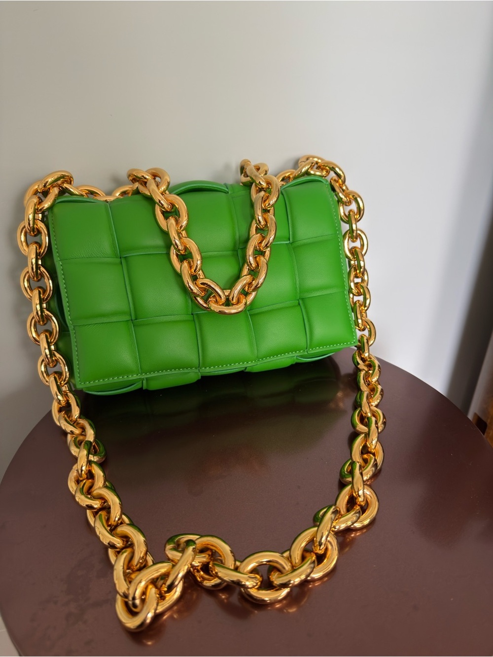 Bottega Veneta Chain Cassette Green Quilted Shoulder Bag with Gold Chain